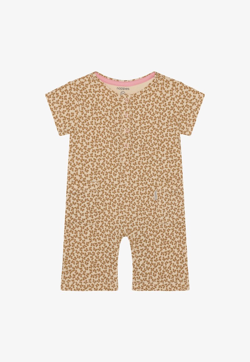 Combinaison courte couleur fauve à manches courtes, avec un motif floral marron, des boutons-pression sur le devant et deux poches avant. Tissu en coton doux.