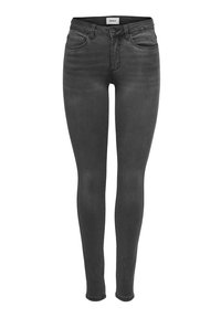 Jeans ajustados negros de mezclilla con una textura suave, que presentan un diseño clásico de cinco bolsillos y una cremallera con cierre de botón.