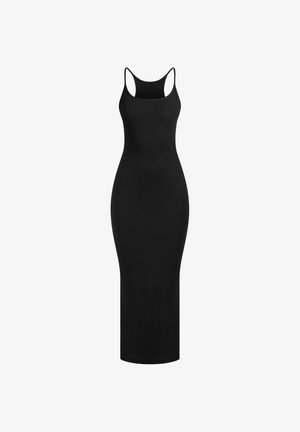 Black sleeveless maxi dress with scoop neck and racerback design, fitted silhouette, solid color, and ribbed texture.