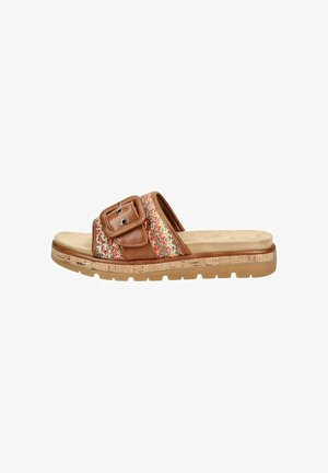 Sandalia marrón tipo pala con tira de tela tejida multicolor, hebilla grande, plantilla acolchada y suela con textura de corcho.