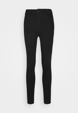 Black skinny jeans featuring a button closure, five-pocket design, and a smooth texture, tailored for a fitted silhouette.