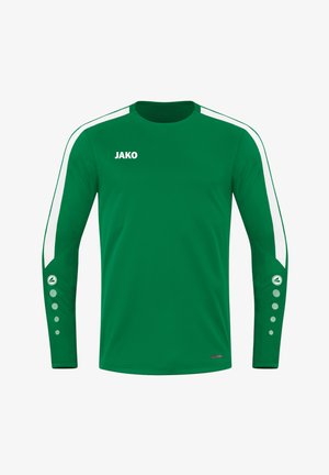 Grünes Langarmtrikot aus strukturiertem Stoff, mit weißen Schulterstreifen, Rundhalsausschnitt und runden Akzenten an den Ärmeln. "JAKO"-Logo in Weiß.
