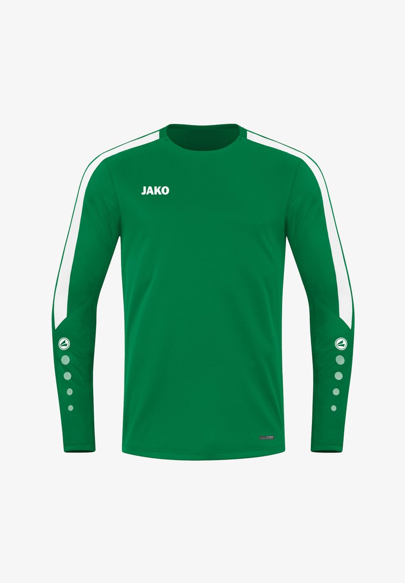 Maglia a maniche lunghe verde realizzata in tessuto testurizzato, con strisce bianche sulle spalle, colletto rotondo e dettagli circolari sulle maniche. Logo "JAKO" in bianco.