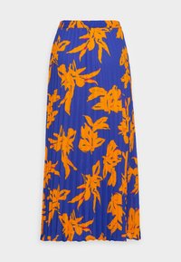 Jupe plissée bleue avec de grands motifs floraux orange vif et une ceinture élastique.