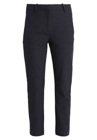 Navy trousers made of smooth fabric, featuring a tailored fit, belt loops, and front pockets, with a modern, streamlined silhouette.