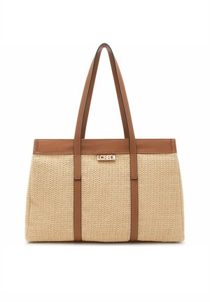 Sac fourre-tout rectangulaire tissé beige avec des anses et des finitions en cuir marron, arborant un petit logo métallique "LCREDI" au centre avant.