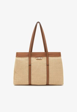 Beige geweven rechthoekige boodschappentas met bruine leren riemen en afwerking, voorzien van een klein metalen "LCREDI" logo in het midden aan de voorkant.