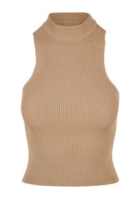 Top senza maniche color beige a coste con collo alto, caratterizzato da una silhouette aderente e una texture liscia, che mette in risalto le righe verticali.