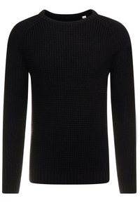 Czarny sweter dzianinowy z okrągłym dekoltem, długimi rękawami i teksturowanym materiałem. Rękawy i dół wykończone ściągaczem, z luźnym krojem.