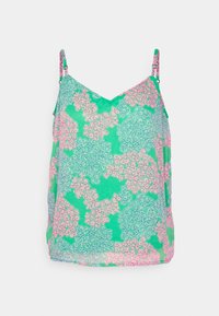 Top de tirantes floral con base verde y patrones en rosa y azul, con finos tirantes ajustables y escote en V. Tela ligera.
