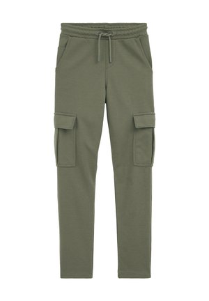 Pantalon cargo jogger vert olive avec taille à cordon, poches latérales et poches à rabat sur les cuisses, présenté à plat sur fond blanc.