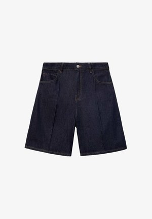 Pantaloni corti in denim scuro con taglio dritto, dotati di cinque tasche, chiusura con bottone e dettagli di cucitura discreti lungo le cuciture.