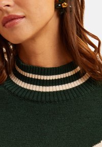 Maglione verde scuro con un colletto alto a costine e strisce bianche. Il tessuto appare morbido e lavorato a maglia, evidenziando un design informale.