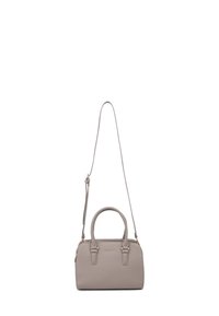 Borsa sintetica grigia con doppio manico, tracolla removibile, chiusura con zip e dettagli in hardware color oro. Forma rettangolare compatta.