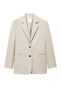 Beige Blazerjacke mit Reverskragen, einer Brusttasche und zwei frontalen Taschen. Verfügt über zwei schwarze Knöpfe und einen leicht lockeren Schnitt.