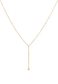 Collier en ton doré avec une chaîne délicate ornée de petits accents ronds et un pendentif avec un charme sphérique au bout.