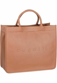 Bolso tote de piel marrón con dos asas superiores, logo "bugatti" grabado, líneas limpias y diseño sin costuras sin hardware o acentos visibles.