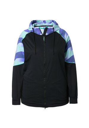 Sort hættejakke med hel lynlås med lilla og lyseblå stribede hætte- og skulderpaneler med sorte snore i hætten.