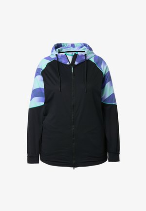 Schwarzer Hoodie mit durchgehendem Reißverschluss, lila und hellblaue gestreifte Kapuzen- und Schulterpartien, mit schwarzen Kordeln an der Kapuze.