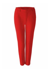 Pantalons tailleur rouges, design structuré, tissu lisse, coupe ajustée, avec une ceinture élastique pour le confort et une coupe droite.