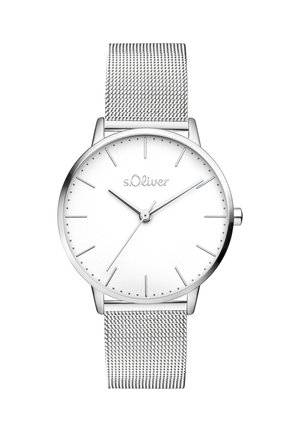 Sølvur armbåndsur med mesh-rem. Hvid urskive med sølv timeindikatorer og visere. Mærkenavnet "s.Oliver" er trykt i sølv.