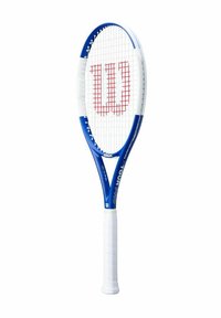 Wilson-Tennisschläger mit einem blauen und weißen Rahmen, rotem Logo und griffigem weißen Griff. Verfügt über enge weiße Saiten in einer klassischen ovalen Kopfform.