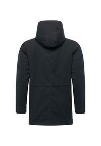 Schwarze Kapuzenjacke mit einer glatten, matten Oberfläche. Verfügt über lange Ärmel, einen geraden Schnitt und minimale Nähte auf der Rückseite.
