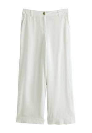 White wide-leg pants with side pockets, belt loops, button closure, and a smooth, lightweight fabric texture.