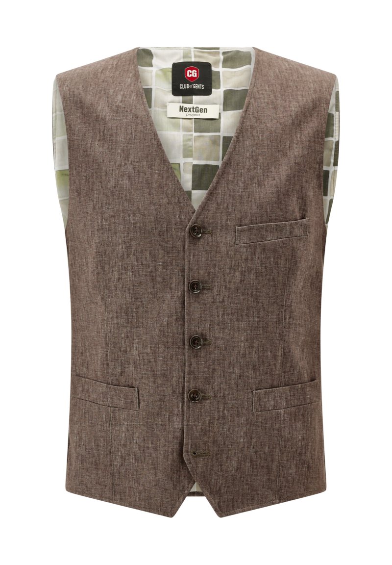 Braune, strukturierte Weste mit V-Ausschnitt, fünf Knöpfen und einer Tasche. Gefüttert mit einem gemusterten Stoff in Grün und Weiß.