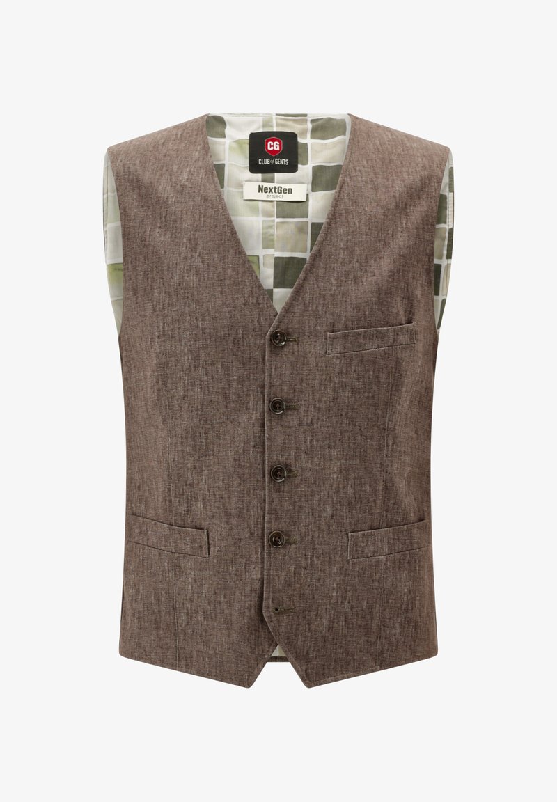 Braune, strukturierte Weste mit V-Ausschnitt, fünf Knöpfen und einer Tasche. Gefüttert mit einem gemusterten Stoff in Grün und Weiß.