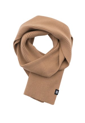 Écharpe marron à côtes fabriquée en tissu doux, avec un design plié et une petite étiquette en logo noir à une extrémité.