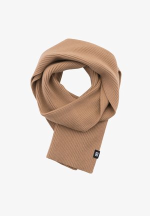 Écharpe marron à côtes fabriquée en tissu doux, avec un design plié et une petite étiquette en logo noir à une extrémité.