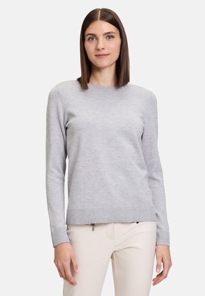 Maglione grigio lavorato a maglia con maniche lunghe, scollatura rotonda, polsini e orlo a costine. Il tessuto appare morbido e con una texture liscia, silhouette aderente.
