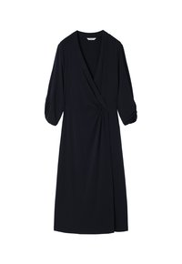 Navy blue wrap dress in soft jersey fabric, featuring three-quarter sleeves, a side knot detail, and a flowing silhouette.