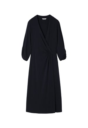 Dunkelblaues Wickelkleid aus weichem Jersey-Stoff, mit drei Viertel-Ärmeln, einem seitlichen Knoten-Detail und einer fließenden Silhouette.