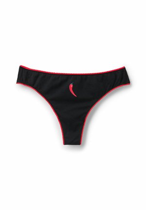 Culotte noire en dentelle avec des bords festonnés rouges et un petit motif de piment rouge sur le devant. Tissu lisse avec élasticité.