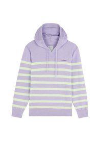 Sweat à capuche violet avec des rayures horizontales vertes, doté d'une poche avant, d'une capuche à cordon et du mot "Sealpears" brodé sur la poitrine.