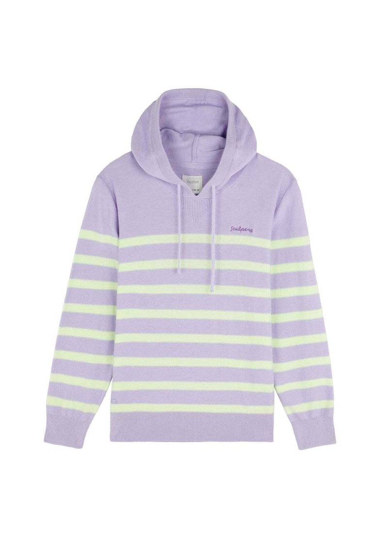 Sweat à capuche violet avec des rayures horizontales vertes, doté d'une poche avant, d'une capuche à cordon et du mot "Sealpears" brodé sur la poitrine.