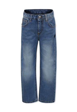 Jean en denim bleu avec une coupe décontractée, présentant une fermeture à bouton, cinq poches et des motifs de décoloration à l'avant et à l'arrière.