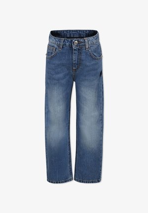 Jeans in denim blu con una vestibilità comoda, dotati di chiusura a bottone, cinque tasche e motivi di sbiadimento sulla parte anteriore e posteriore.