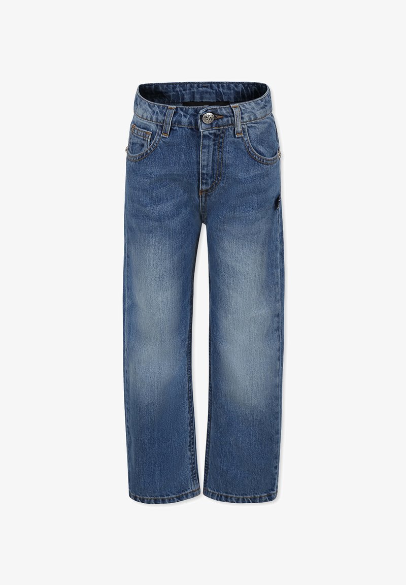 Niebieskie dżinsy o luźnym kroju, z zapięciem na guzik, pięcioma kieszeniami oraz przetarciami z przodu i z tyłu.