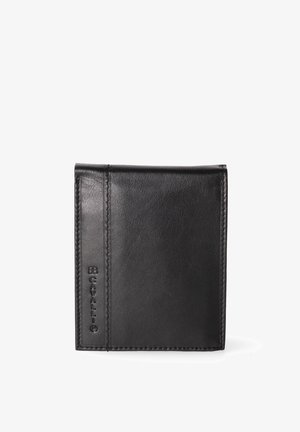 Zwarte leren portemonnee met een gladde textuur, bi-fold ontwerp en een reliëf logo detail aan de zijkant. Schone randen en minimalistische stijl.