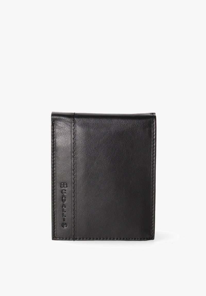 Zwarte leren portemonnee met een gladde textuur, bi-fold ontwerp en een reliëf logo detail aan de zijkant. Schone randen en minimalistische stijl.