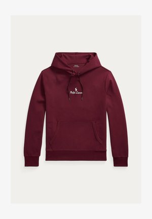 Felpa con cappuccio color bordeaux realizzata in tessuto misto cotone. Presenta una tasca a marsupio frontale e un logo ricamato sul petto. Cordini regolabili.