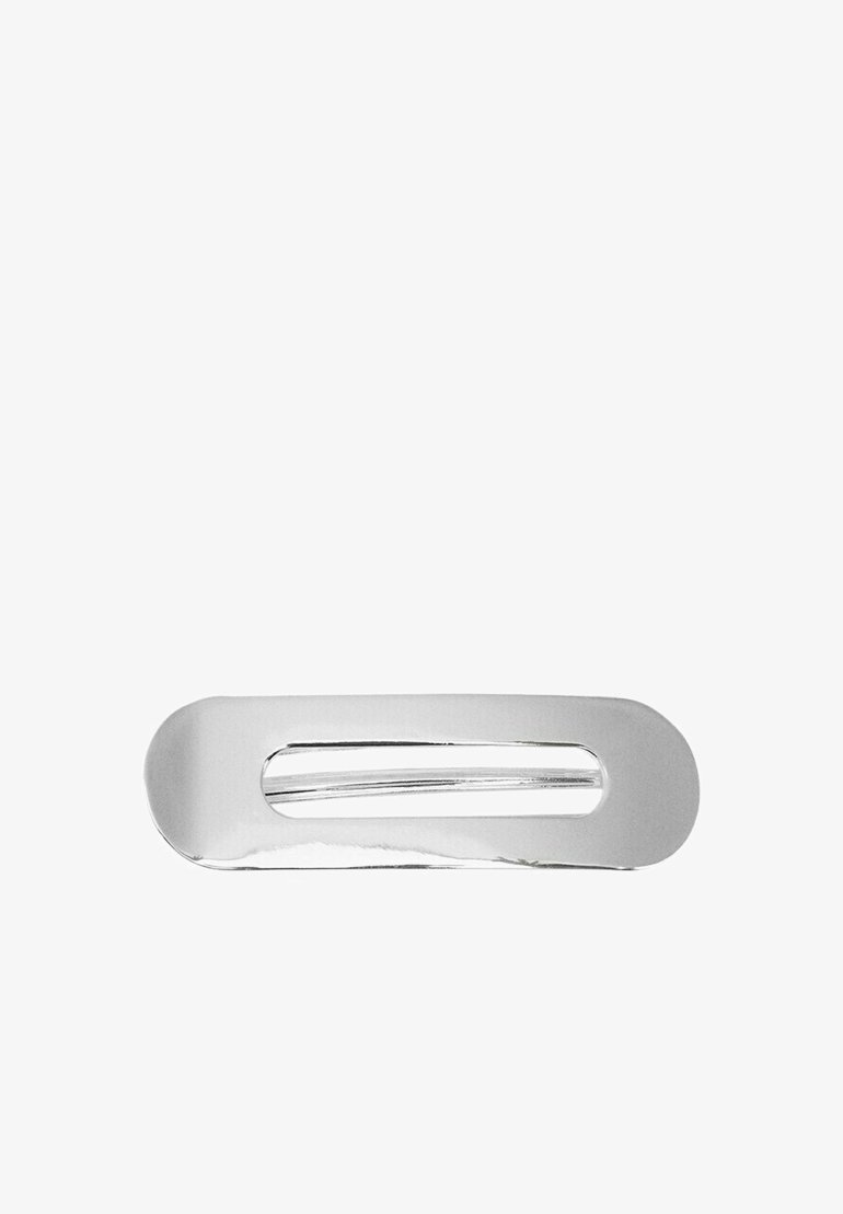 Rectangular silver metal hair clip with rounded edges and a narrow elongated cutout in the center.