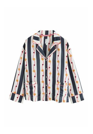 Bomullspyjamasöverdel med avslappnad passform, prydd med vita och marinblå ränder, röda och gula stjärnmönster, samt två framfickor.