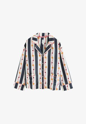 Bavlněná pyžamová halenka s volným střihem, zdobená bílými a navy pruhy, vzorem červených a žlutých hvězd a dvěma předními kapsami.