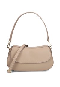 Beige leren handtas met een gebogen ontwerp, enkele korte schouderriem en een klep sluiting. Bevat goudkleurige hardware accenten en een gestructureerd oppervlak.