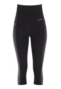 Black high-waisted capri leggings with a smooth texture, featuring two side pockets and contrasting stitching. Logo on the waistband.