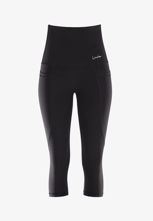 Juodos aukštai juosmeninės capri leggingijos su lygia tekstūra, turinčios dvi šonines kišenes ir kontrastingą siuvinėjimą. Logotipas ant juosmens.